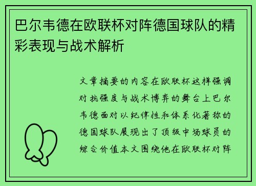 巴尔韦德在欧联杯对阵德国球队的精彩表现与战术解析